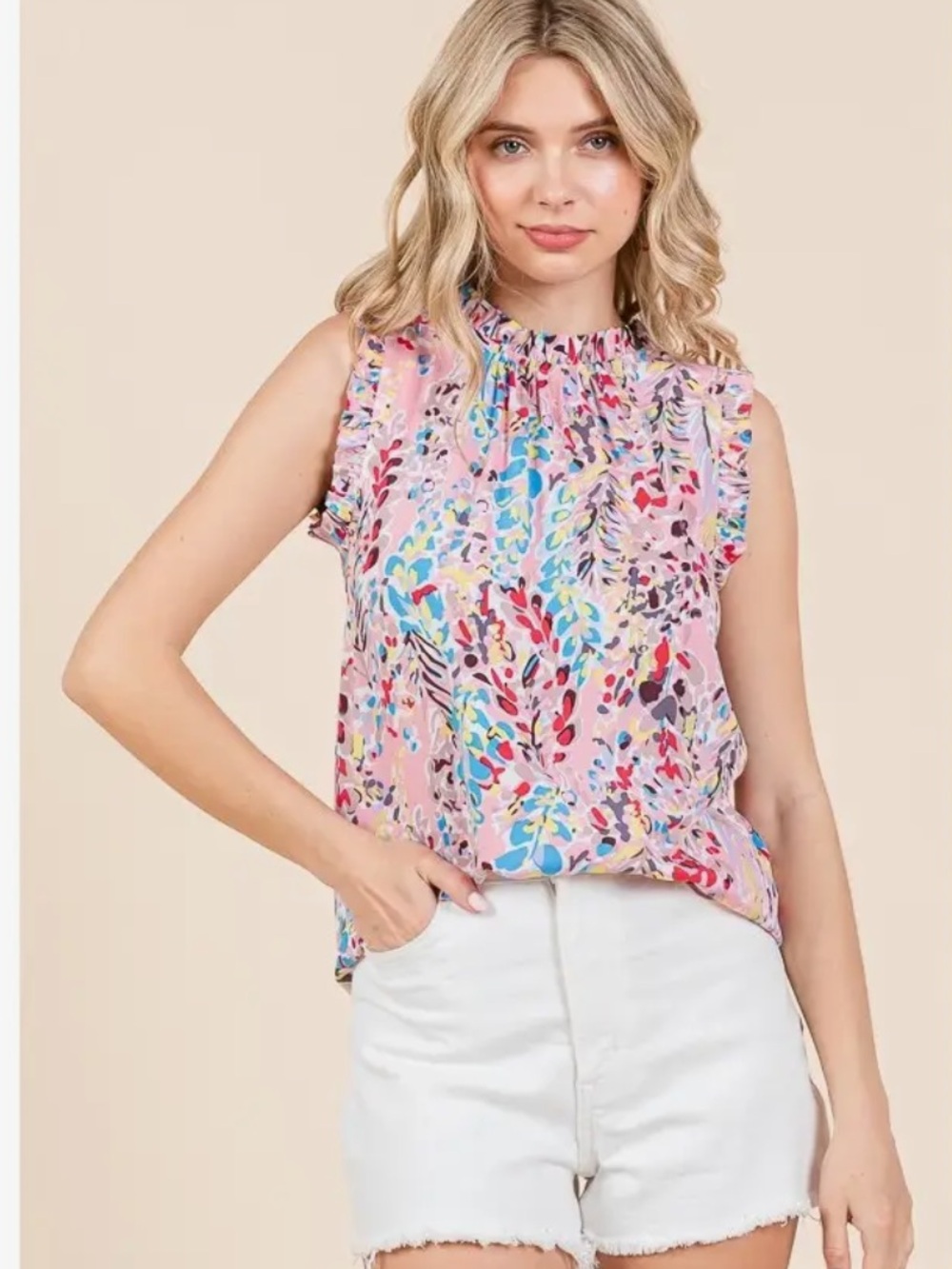 Sleeveless Pink Printed Ruffle-Neck Top
